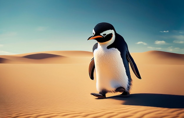 気候変動コンセプト 砂漠を歩くペンギン コピースペース
