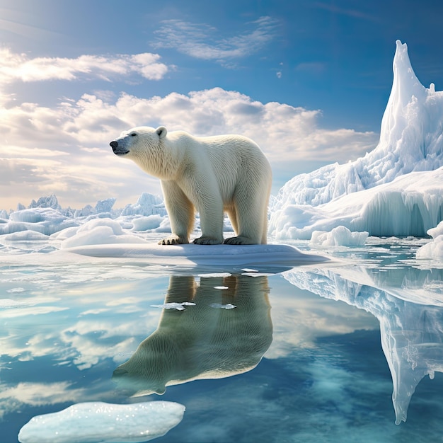 Climate change concept with a polar bear on melting ice