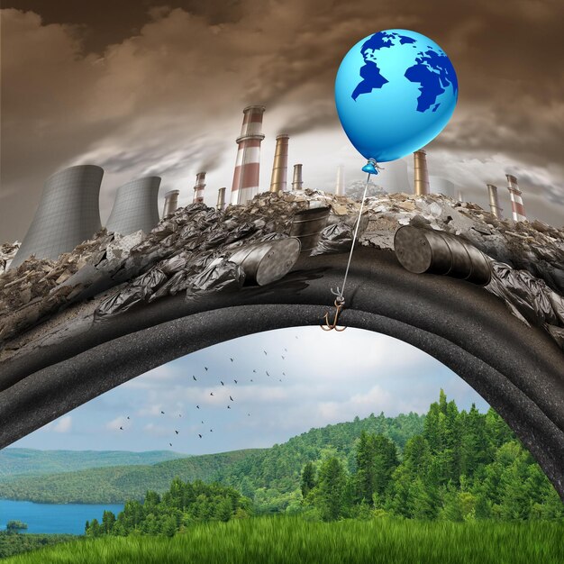 Foto concetto di accordo globale sui cambiamenti climatici come un pallone blu con una terra che solleva uno sporco inquinato