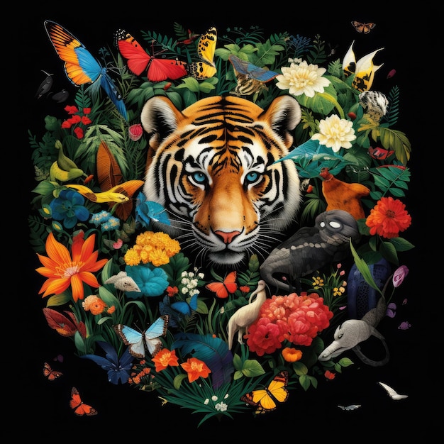 Climate change a Majestic Tiger Amongst a Colorful Garden of Fluttering Butterflies