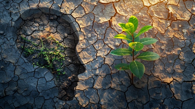 Фото Психология изменения климата как сухая или сухая трещина земли с растущим молодым растением в форме человеческой головы как композит