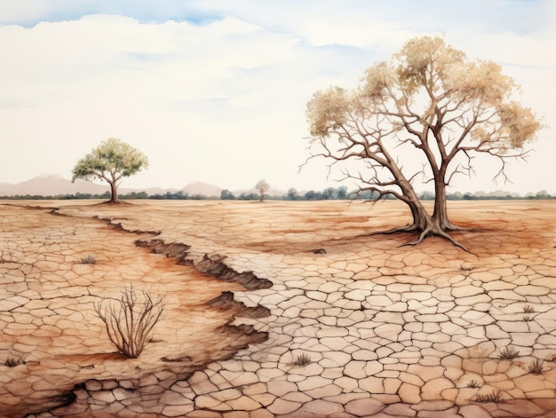 気候変動、インパクトを象徴する木々がそびえ立つ穏やかな砂漠の風景
