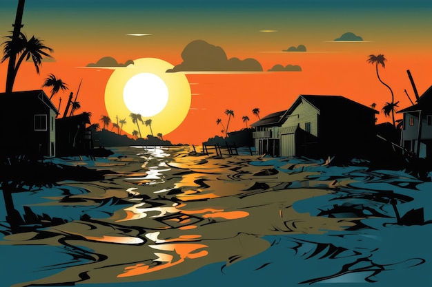 気候変動 気候変動の影響を描く砂浜の鮮やかな夕日