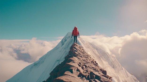 Foto alpinista in cima a una montagna il successo di un alpinista che raggiunge la vetta