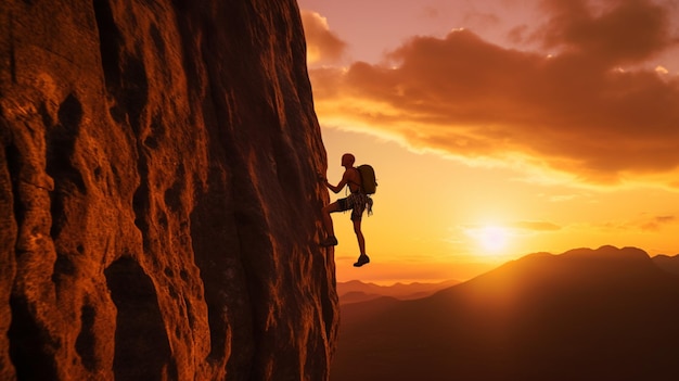 A climber on a cliff with the sun setting behind him