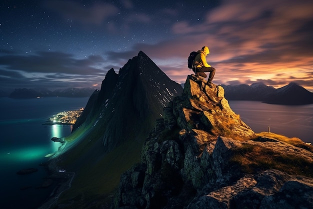 climber climbs the big rock high mountains lofoten island hiper northen light midnight sun