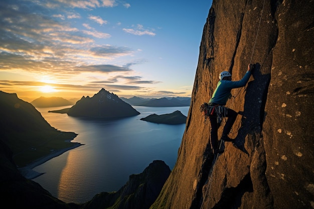 Foto l'alpinista sale la grande roccia alte montagne lofoten isola iper luce del nord sole di mezzanotte