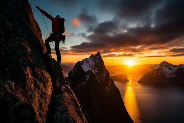 альпинист взбирается на большую скалу в высоких горах, остров Лофотенские острова