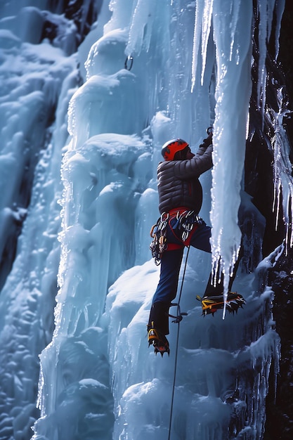 Photo climber frozen cliff ice icicles full focus vivid acrophobia ambitious business products supplies