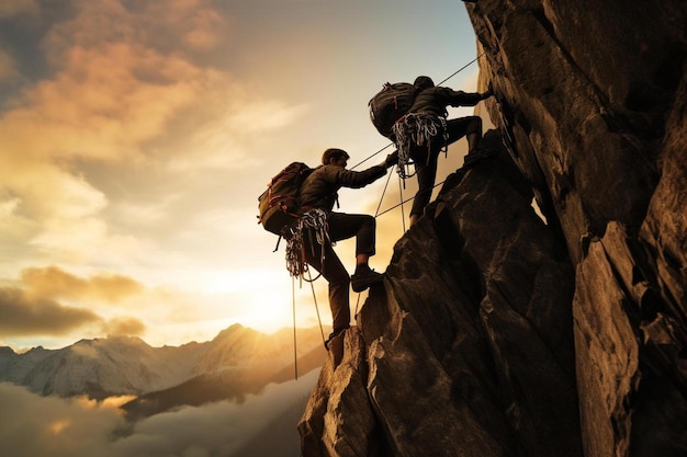 A climber is climbing a rock at sunset.