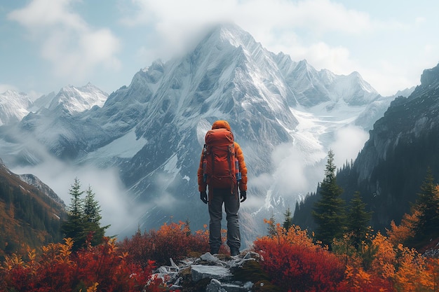 A climber looking at a large snowcapped mountain hiking and travel cold landscapes