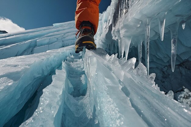 Foto climber navigating crevasseridden glacier