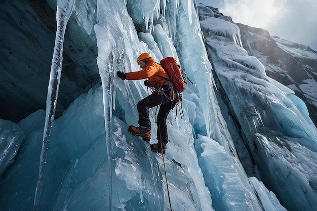 Climber navigating icecovered rock face