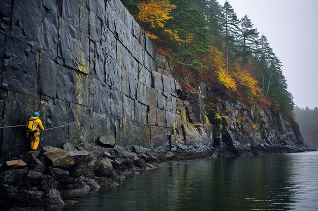 Photo climber rappelling down a sheer rock face