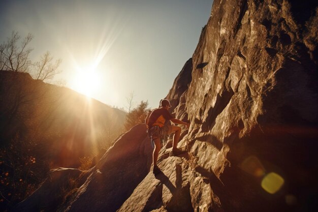 Climber in rays of the sun in the concept of active extreme sports on the mountain Hiking climbing