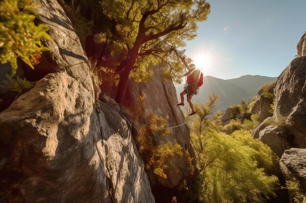 Climber in the rays of sun in the concept of active extreme sports on the mountain Hiking climbing