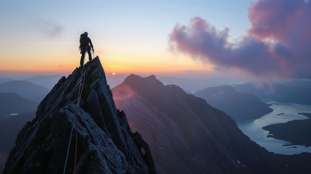 A climber reaching the peak of a mountain