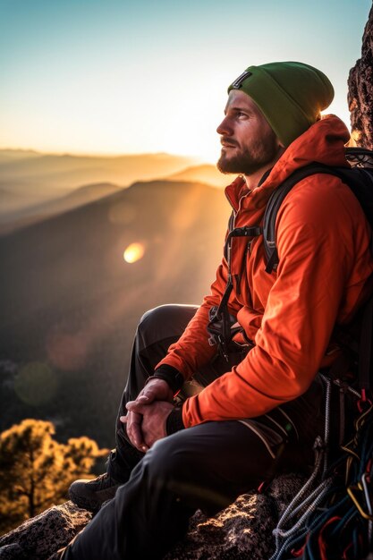 A climber resting on a ledge looking contemplative and taking in the view from high above