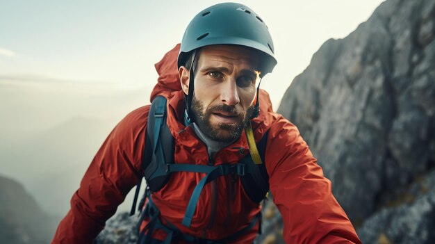 Climber Scaling Challenging Rock Face