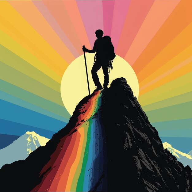 Climber silhouette colorful mountain peak