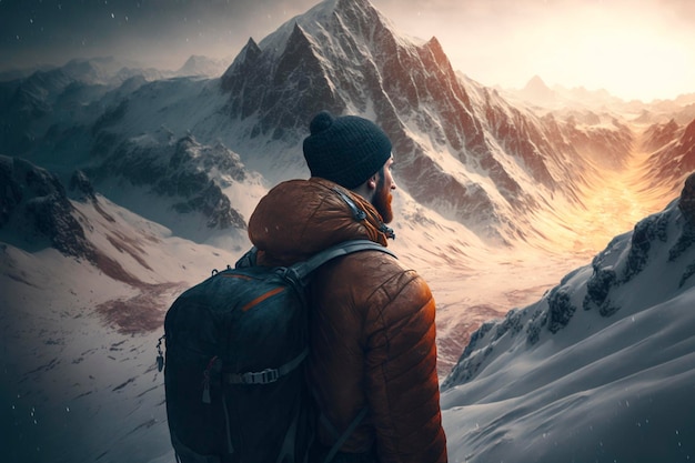 Альпинист в заснеженных горах Создано с использованием генеративной технологии искусственного интеллекта