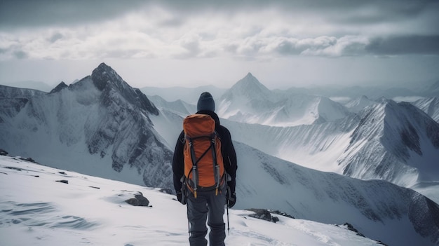 Climber in snowy mountains