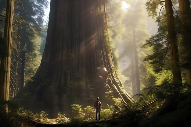 A climber standing at the base of a giant redwood