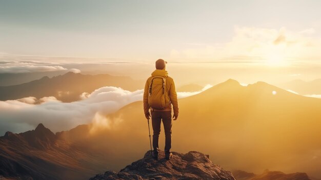 Climber stands on a mountain peak by Generative AI