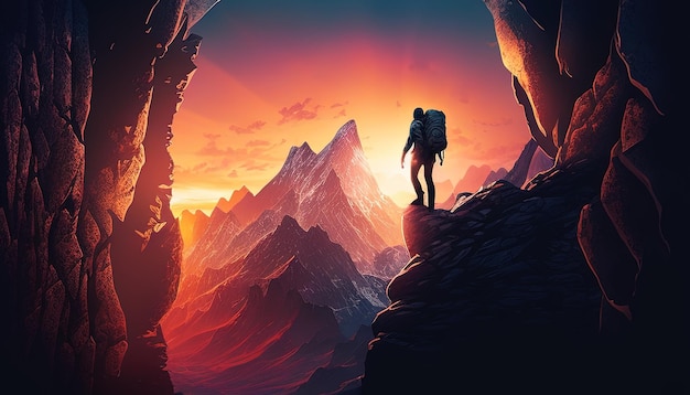 Climber on sunset digital art illustration Generative AI