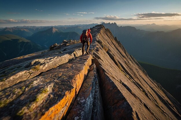 Photo climber traversing knifeedge ridge