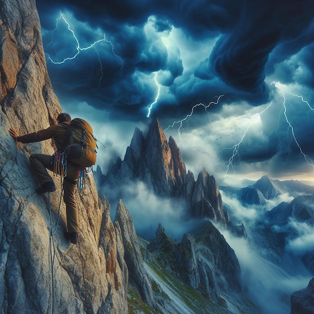 嵐の空の背景にバックパックを背負った登山者