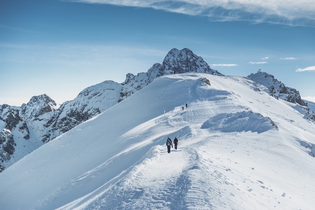 Climberreizigers gaan naar besneeuwde bergtoppen.