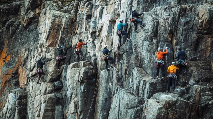 Climbers ascend a rocky cliff face showcasing the sport of rock climbing in a natural setting