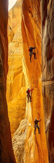 Climbers conquering challenging rock formations in mountain
