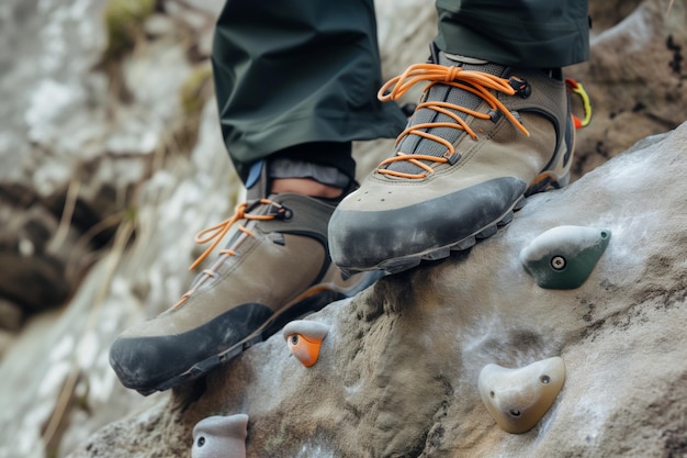 小さな岩の足場に登る靴を履いた登山者の足