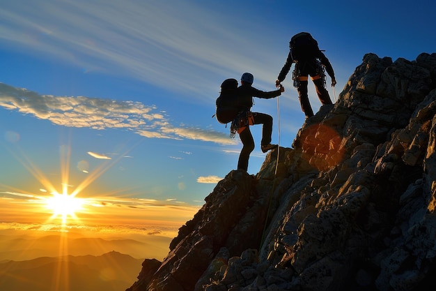 海の崖の夕暮れに照らされた登山者のシルエット 夕暮れの太陽に照らした2人の登山家のシルエット