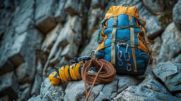 Climbing gear set against a challenging rock face ascent awaits