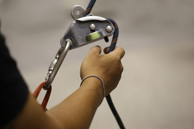 Climbing simulator, hand with rope