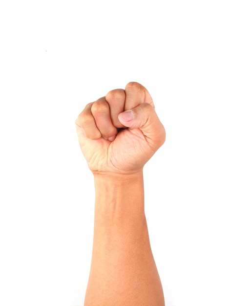 Photo clinched fist raised up isolated on white