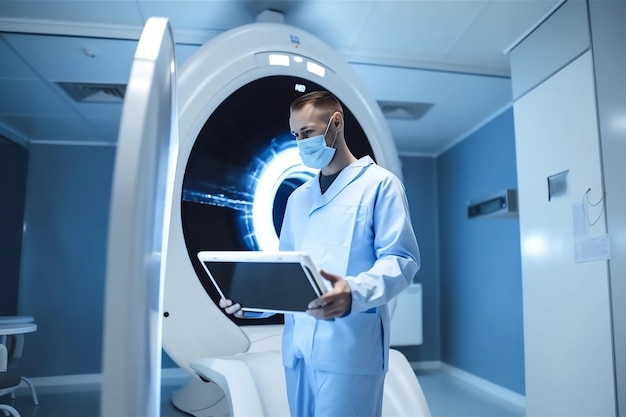 Foto dipendente della clinica con una maschera medica con un tablet vicino a uno scanner ct ai generato