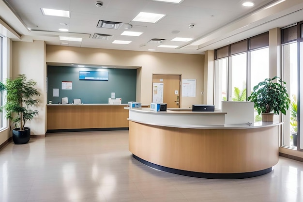 Clinical reception with waiting room in facility lobby registration counter used for patients with medical appointments empty reception desk in health center for checkup visits