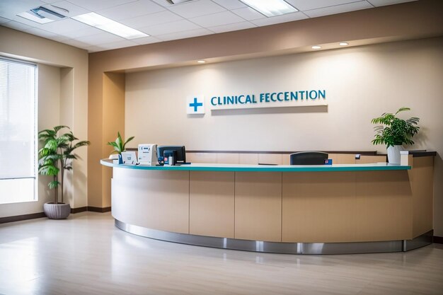 Clinical reception with waiting room in facility lobby registration counter used for patients with