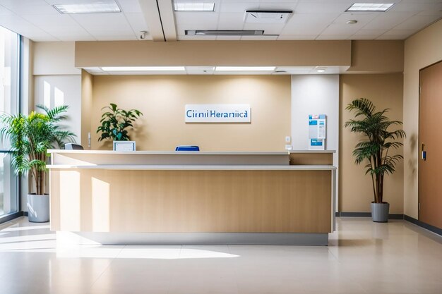 Clinical reception with waiting room in facility lobby registration counter used for patients with