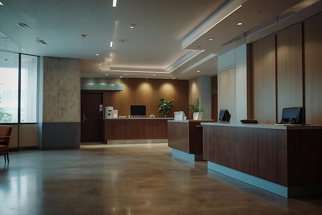 Clinical reception with waiting room in facility lobby registration counter used for patients with