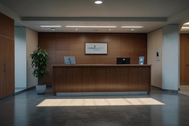 Clinical reception with waiting room in facility lobby registration counter used for patients with
