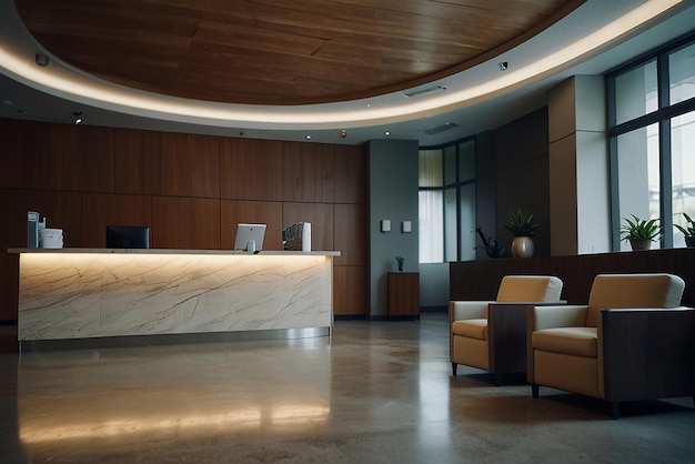 Clinical reception with waiting room in facility lobby registration counter used for patients with