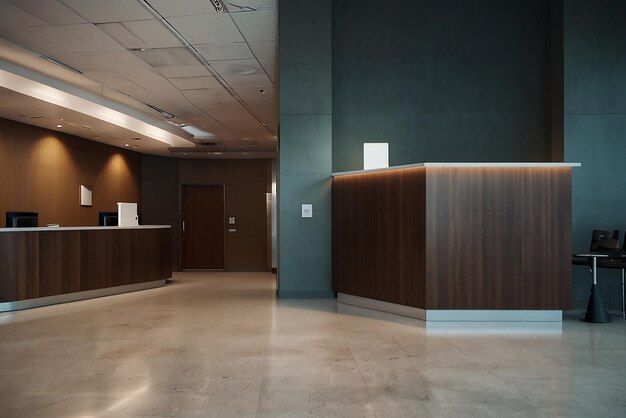 Photo clinical reception with waiting room in facility lobby registration counter used for patients with