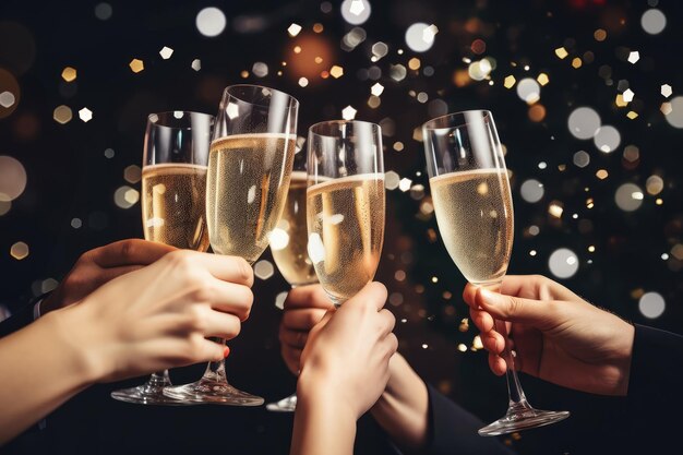 Clinking glasses of champagne in hands at New Year party