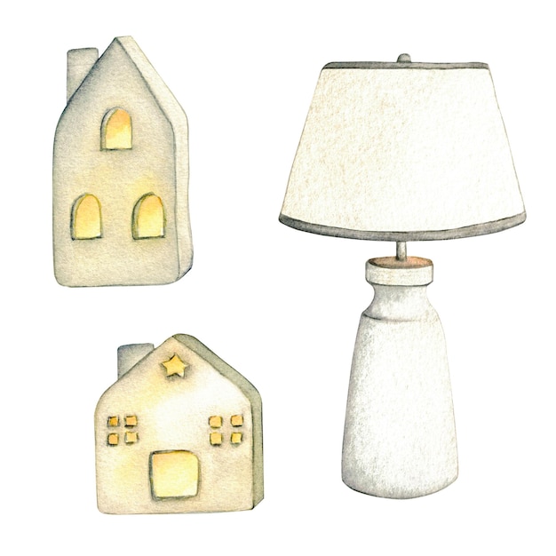 Clip art keramische huizen lantaarns en elektrische lamp Aquarel illustratie interieur van woonkamer Home decor elementen op een witte achtergrond