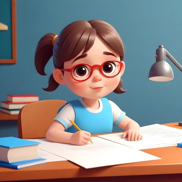 Clip Art of a Little Girl Studying at a Desk